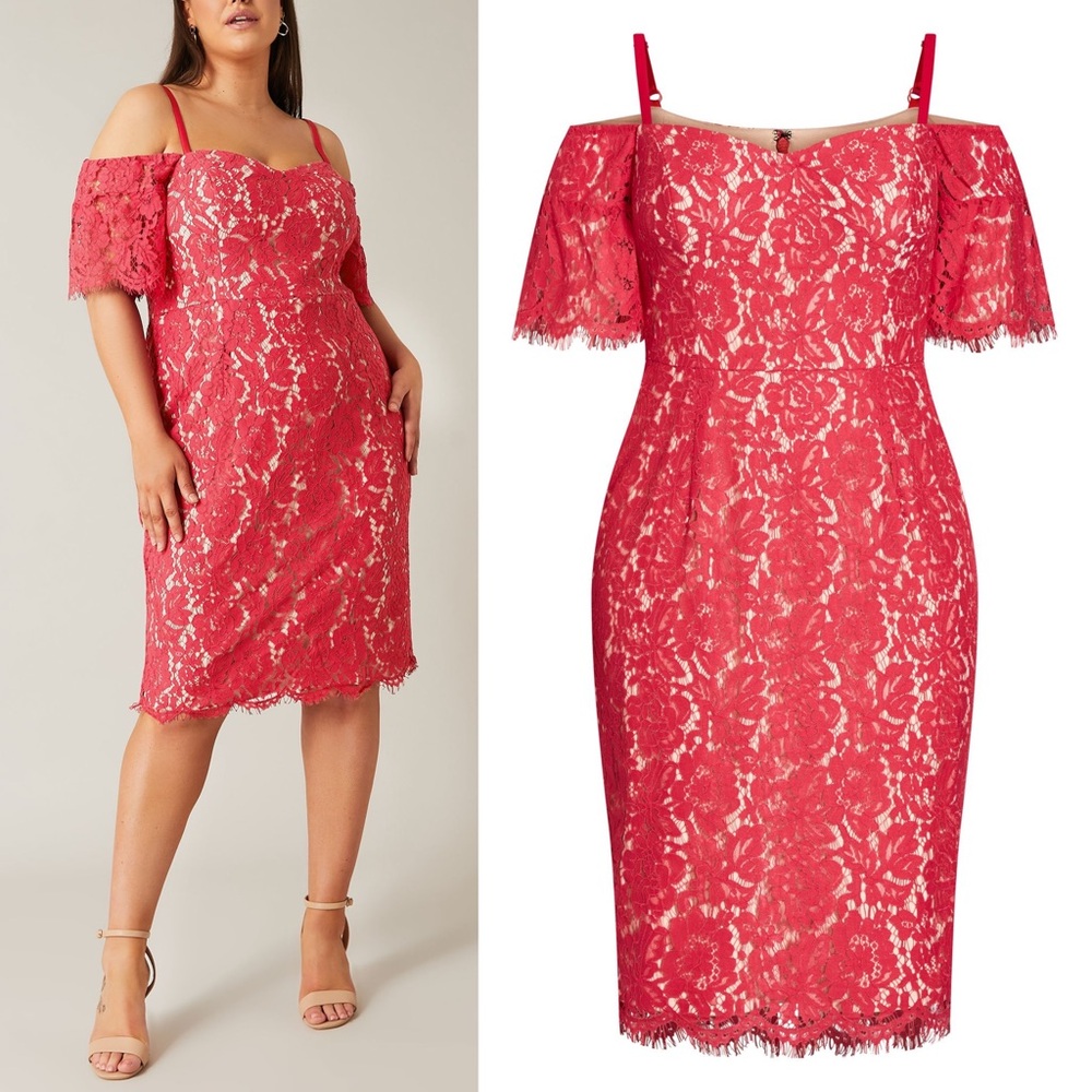 CITY CHIC NWT Lace Whisper Bodycon Dress Floral Lace Raspberry/Nude 24
